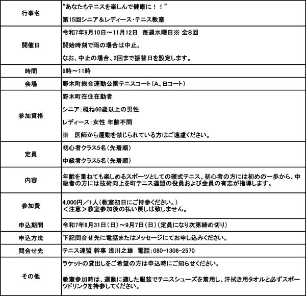 第15回シニア＆レディース・テニス教室